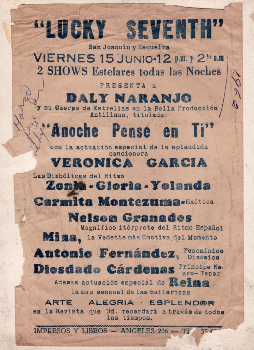 “Lucky Seventh” flyer on a page torn from an album. 1962.